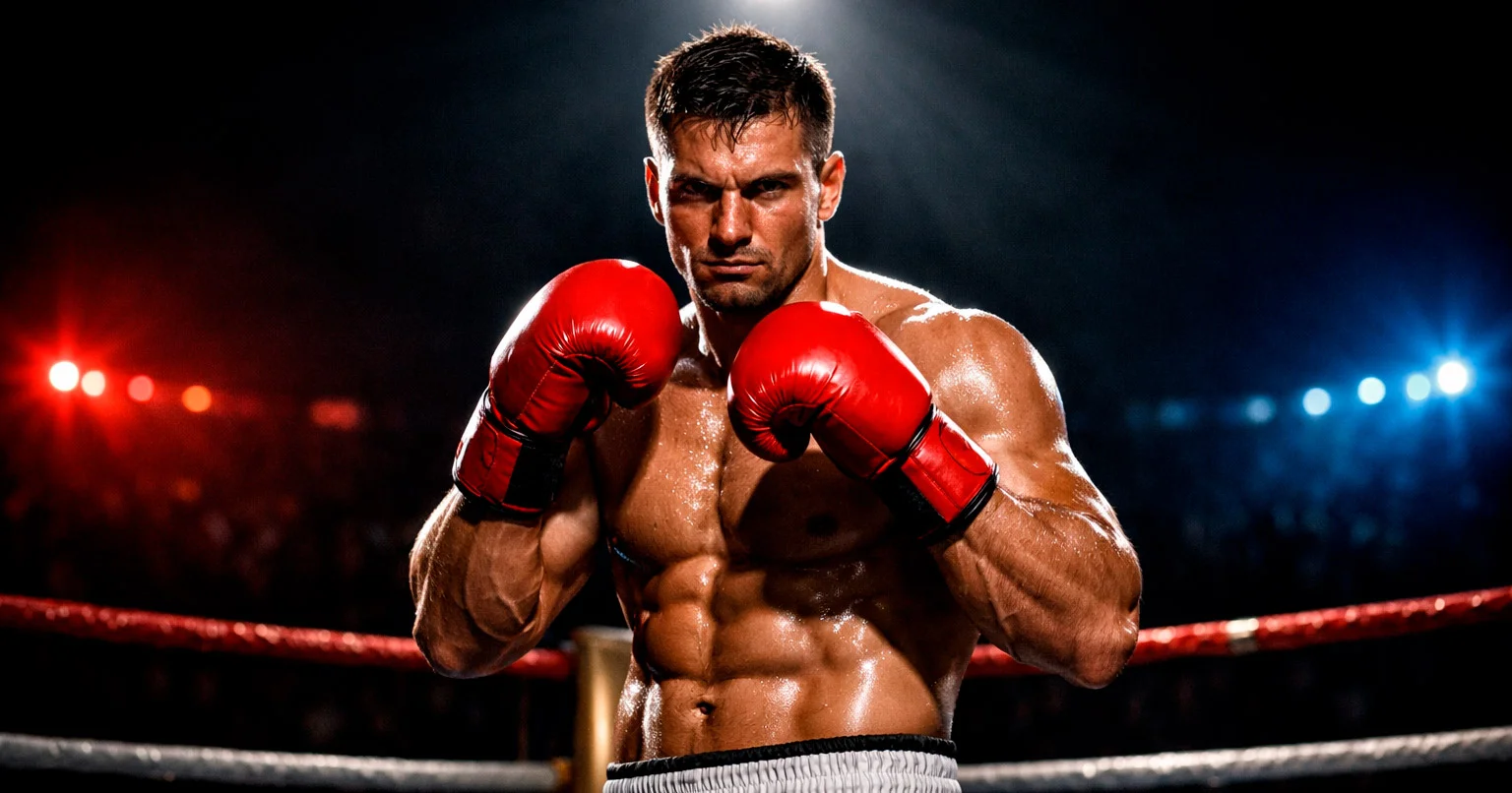 Boxeur professionnel en position de garde sur un ring illuminé