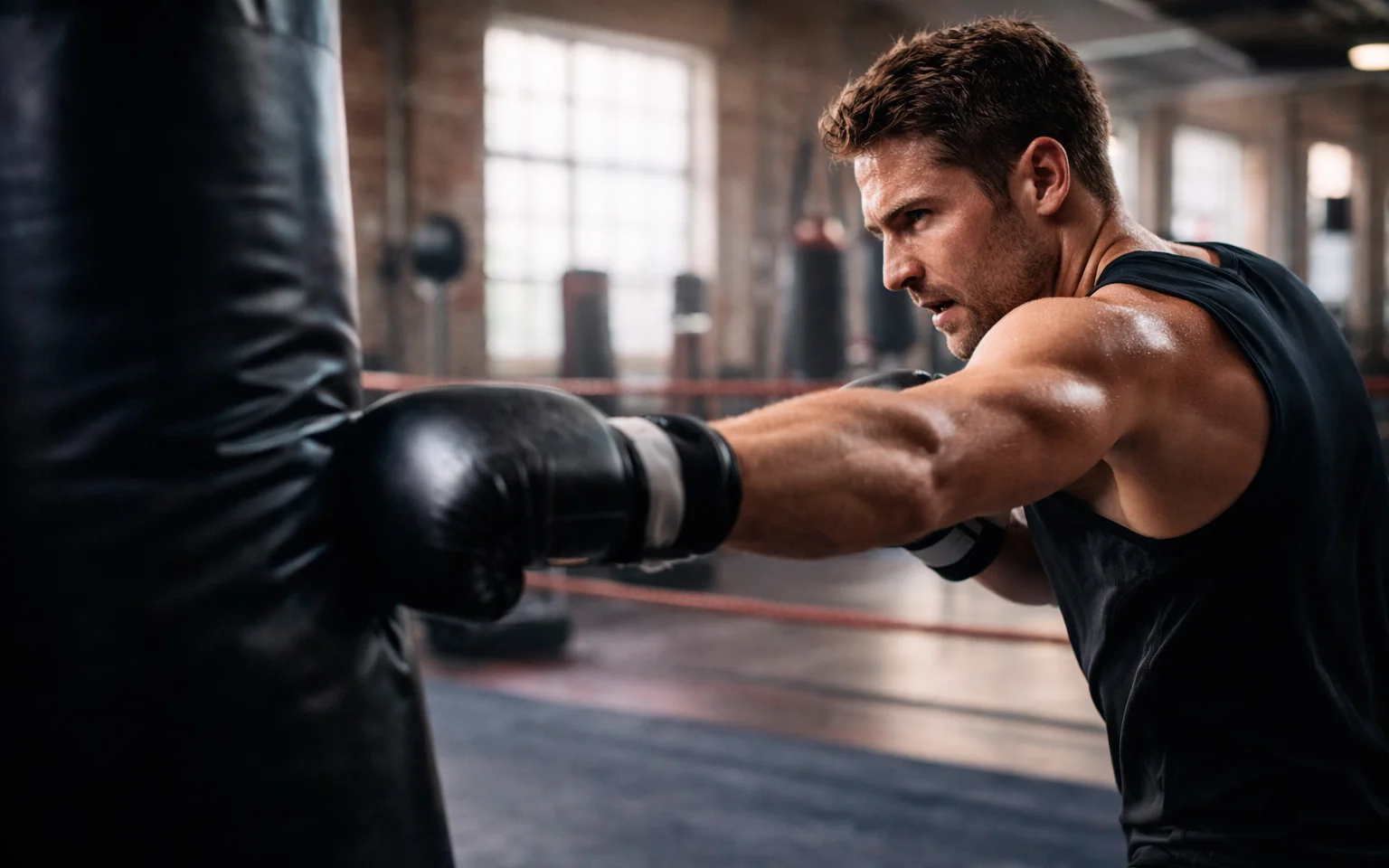Boxeur s'entraînant sur un sac de frappe dans une salle de sport