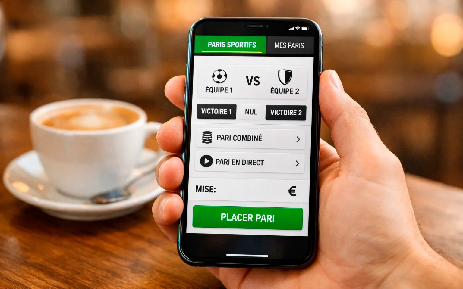 Main tenant un smartphone affichant une interface de paris sportifs